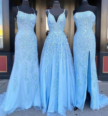 Long Prom Dresses For Black girls with Applique,8th Graduation Dress Outfits For Women School Dance Sky Blue Formal Dresses