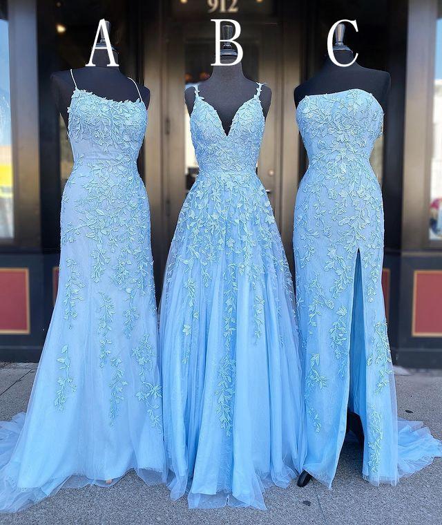 Long Prom Dresses For Black girls with Applique,8th Graduation Dress Outfits For Women School Dance Sky Blue Formal Dresses