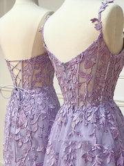 Long Purple Lace Prom Dresses For Black girls For Women,Unique A Line Formal Evening Dress