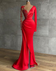 Long Red Satin Evening Dresses, Sheer Neckline Long Sleeve Beaded African High Slit Women Formal Prom Dress