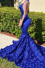 Long Royal Blue Mermaid Prom Dresses For Black girls V Neck Open Backs