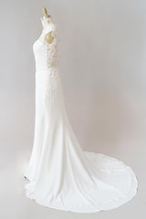 Long Sheath Illusion Lace Wedding Dress Outfits For Women with Cap Sleeve