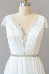 Long Sheath V-neck Lace Chiffon Wedding Dress with Cap Sleeves