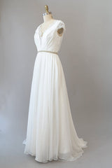 Long Sheath V-neck Lace Chiffon Wedding Dress with Cap Sleeves