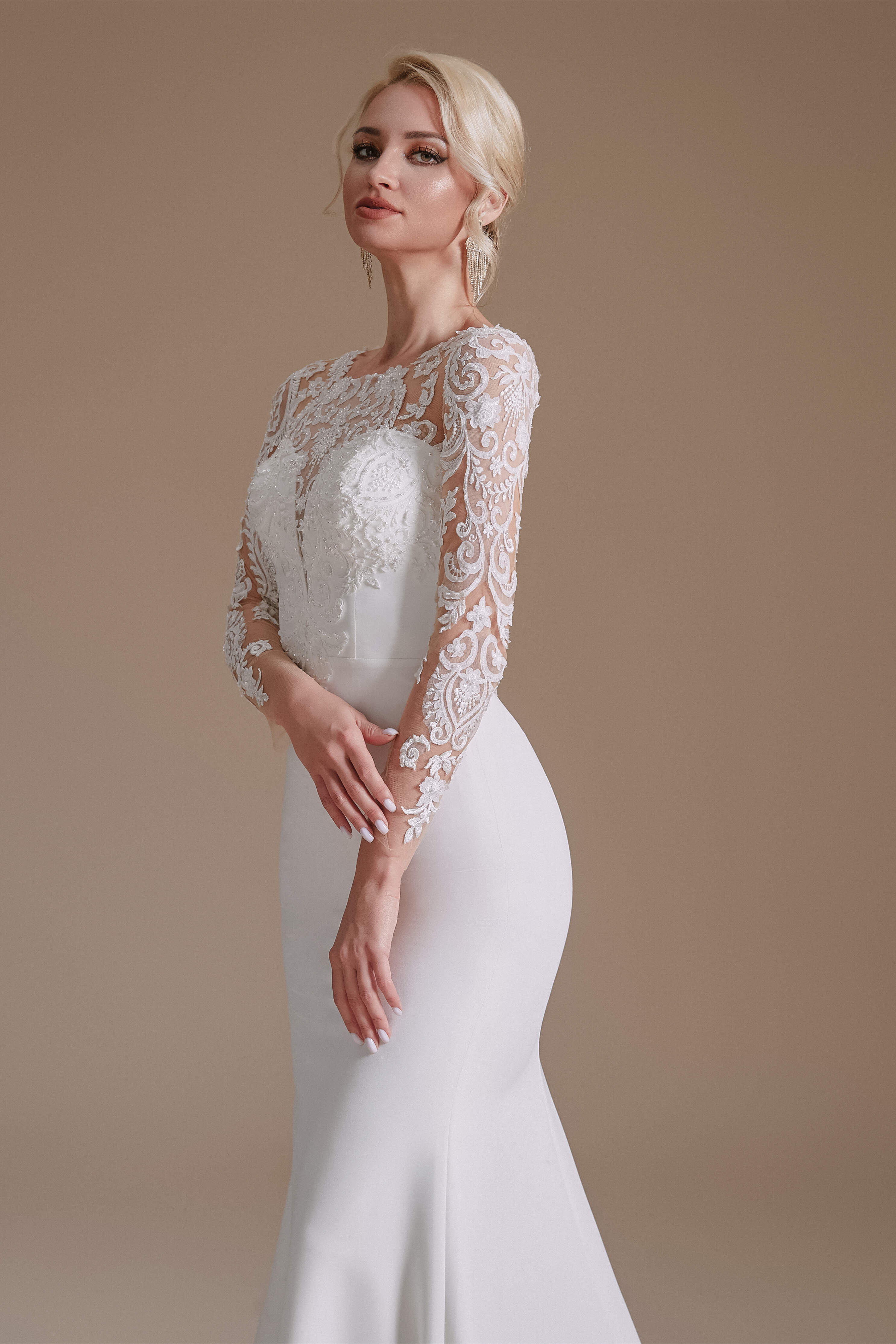 Long Sleeve Beaded French 3D Floral Lace Fishtail Elegant Bridal dresses