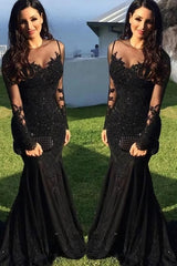 Long Sleeve Black Lace Evening Dresses With See Through Neckline