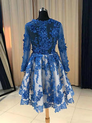 Long Sleeves Short Blue Lace Prom Dresses For Black girls For Women, Short Blue Lace Formal Homecoming Graduation Dresses