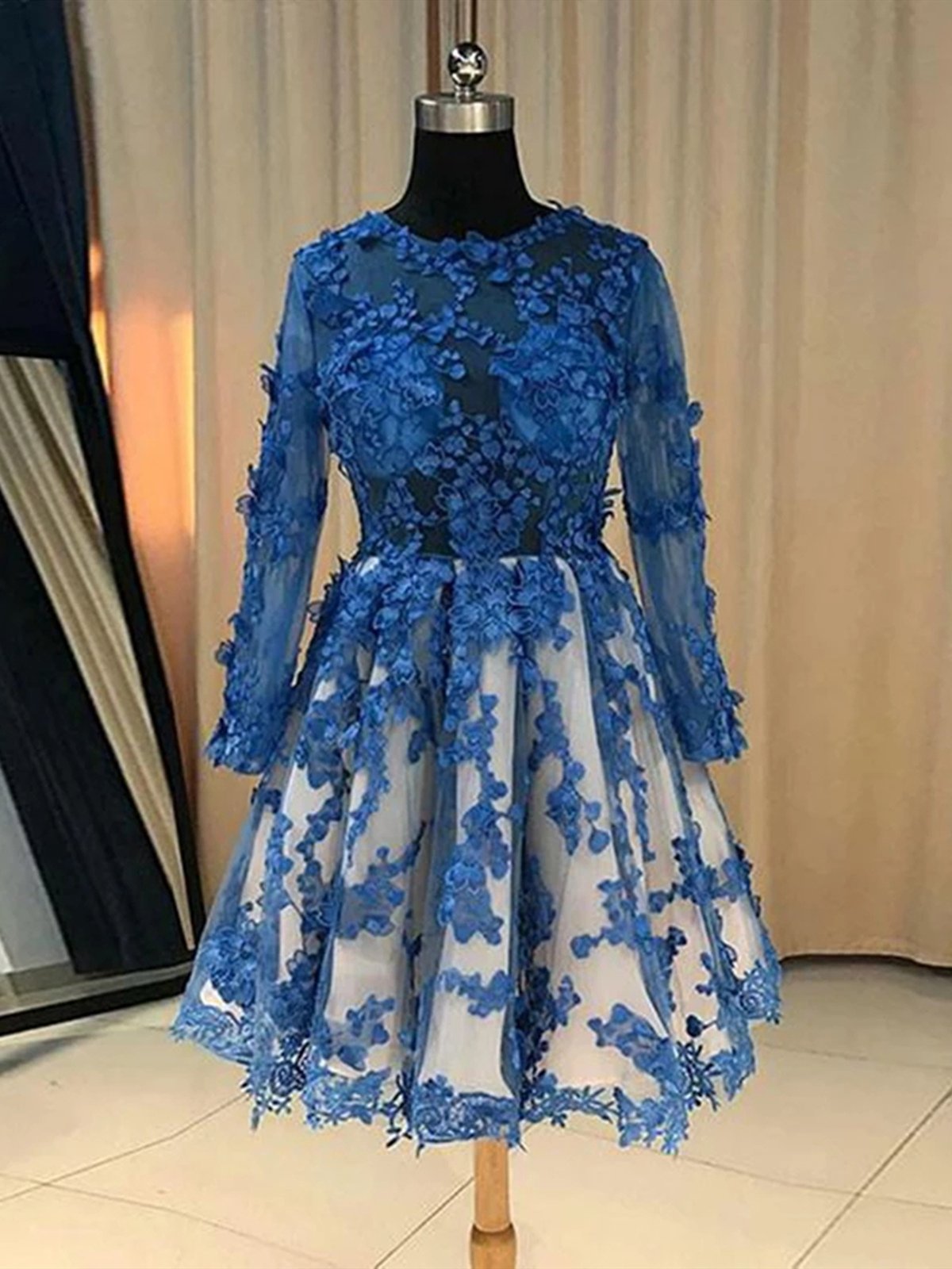 Long Sleeves Short Blue Lace Prom Dresses For Black girls For Women, Short Blue Lace Formal Homecoming Graduation Dresses