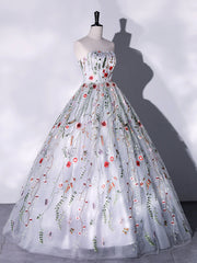 Lovely Strapless Floral Tulle Long Prom Dress, Gray  A-Line Evening Party Dress