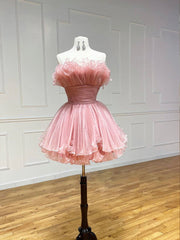 Pink Strapless Tulle Short Prom Dress, Cute A-Line Homecoming Dress