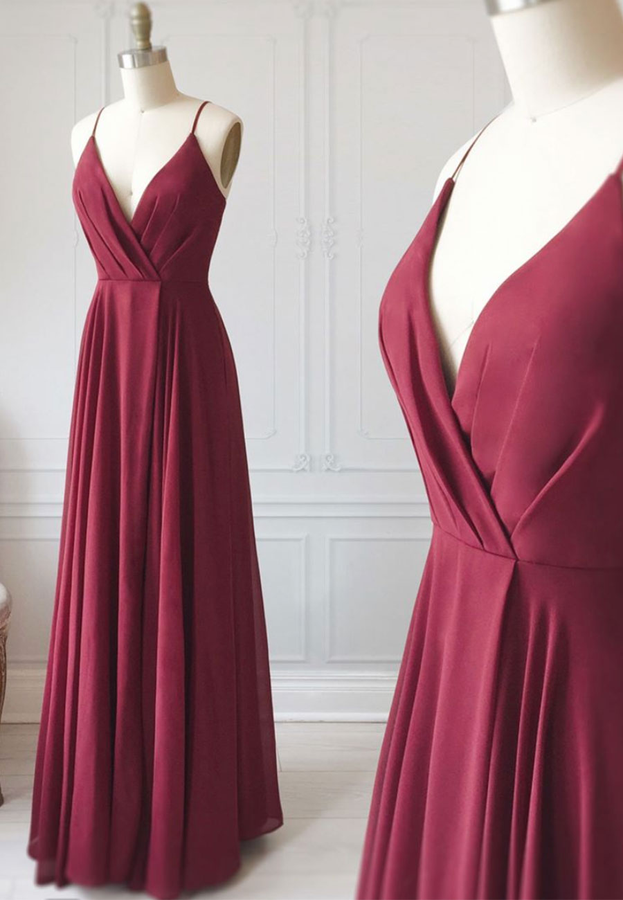 Burgundy Chiffon Long Prom Dress, Simple V-Neck Evening Dress
