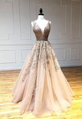Plunging V-Neck Tulle Long Prom Dresses, Lace Formal Dresses