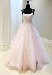 Pink Tulle Long A-Line Prom Dresses, Pink Formal Graduation Dresses