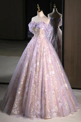 Lovely A-Line Off the Shoulder Sequins Prom Dress Outfits For Girls, Purple Tulle Corset Floor Length Evening Dress