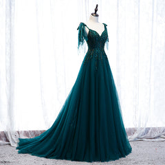 Lovely A-line Straps Tulle Teal Blue Long Evening Dress Outfits For Women Prom Dress Outfits For Girls, A-line Formal Dresses