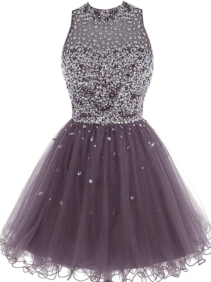 Lovely Beaded Tulle Homecoming Dress Outfits For Girls, Short Prom Dress