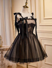 Lovely Black and Champagne Short Tulle Party Dress Outfits For Girls, A-line Short Homecoming Dress