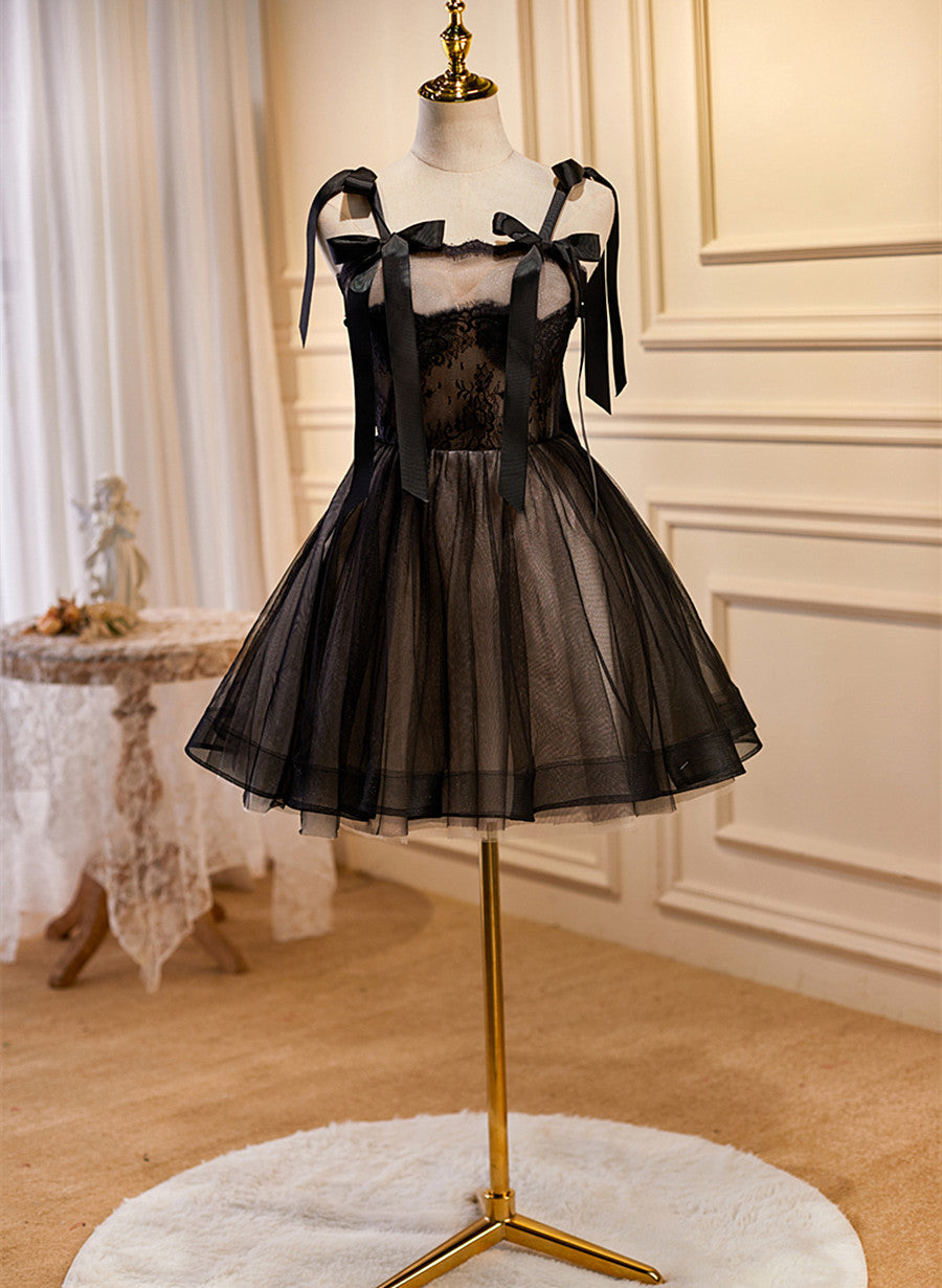 Lovely Black and Champagne Short Tulle Party Dress Outfits For Girls, A-line Short Homecoming Dress