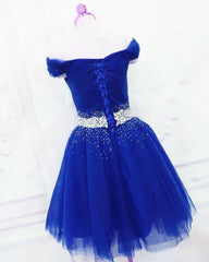 Lovely Blue Tulle Off Shoulder Short Prom Dress Outfits For Girls, Homecoming Dress