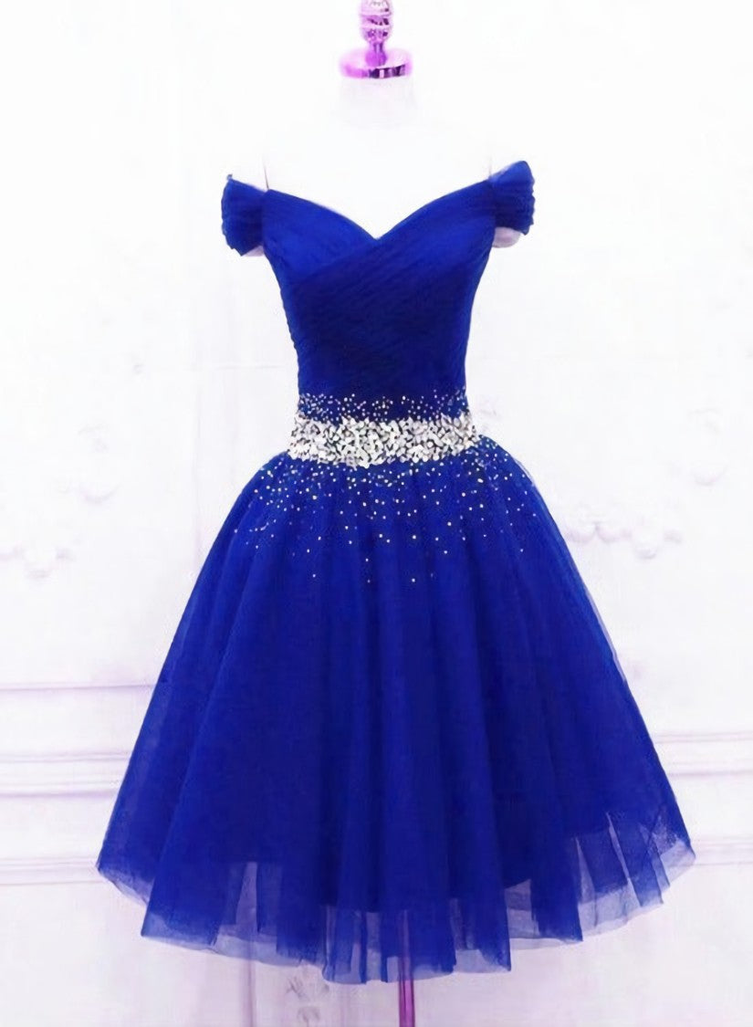 Lovely Blue Tulle Off Shoulder Short Prom Dress Outfits For Girls, Homecoming Dress