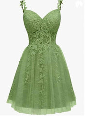 Lovely Green Sweetheart Beaded Straps Party Dress Outfits For Girls, Green Tulle Homecoming Dress