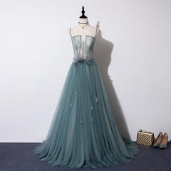 Lovely Green Tulle Lace Top Long Strapless Handmade Prom Dress Outfits For Girls,Tulle Evening Dress Outfits For Women Party Dress
