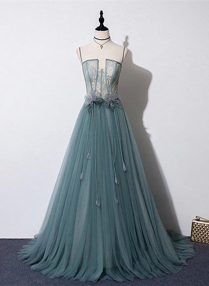 Lovely Green Tulle Lace Top Long Strapless Handmade Prom Dress Outfits For Girls,Tulle Evening Dress Outfits For Women Party Dress