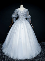 Lovely Grey Tulle Puffy Sleeves with Lace Long Formal Dress Outfits For Girls, Sweet 16 Dresses
