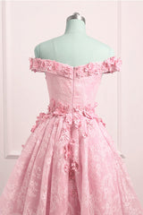 Lovely Lace Off Shoulder Pink Homecoming Dress Outfits For Girls, High Low Formal Dress