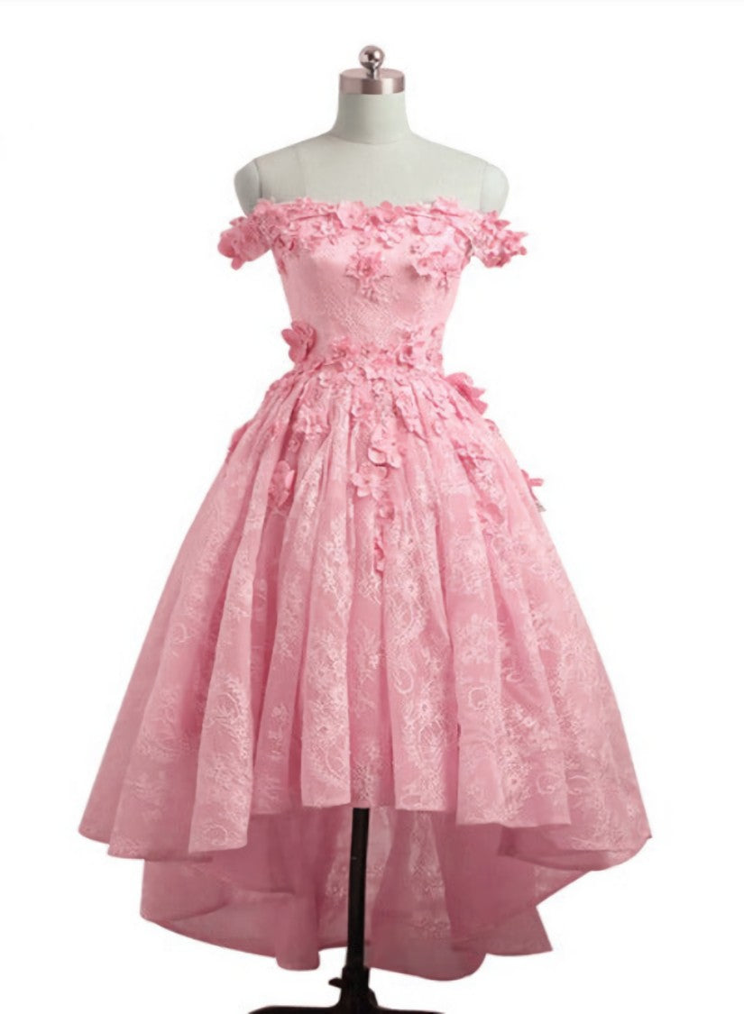 Lovely Lace Off Shoulder Pink Homecoming Dress Outfits For Girls, High Low Formal Dress