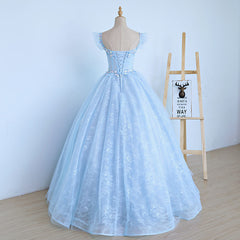 Lovely Light Blue Lace Cap Sleeve Sweet 16 Prom Dress Outfits For Girls, Evening Dress