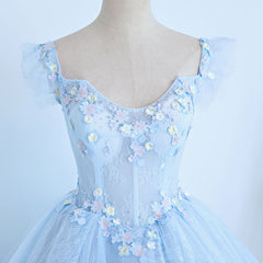 Lovely Light Blue Lace Cap Sleeve Sweet 16 Prom Dress Outfits For Girls, Evening Dress