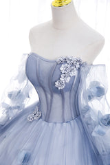 Lovely Light Blue Tulle Long Sleeves Sweet 16 Dress Outfits For Girls, Light Blue Flowers Formal Dress.