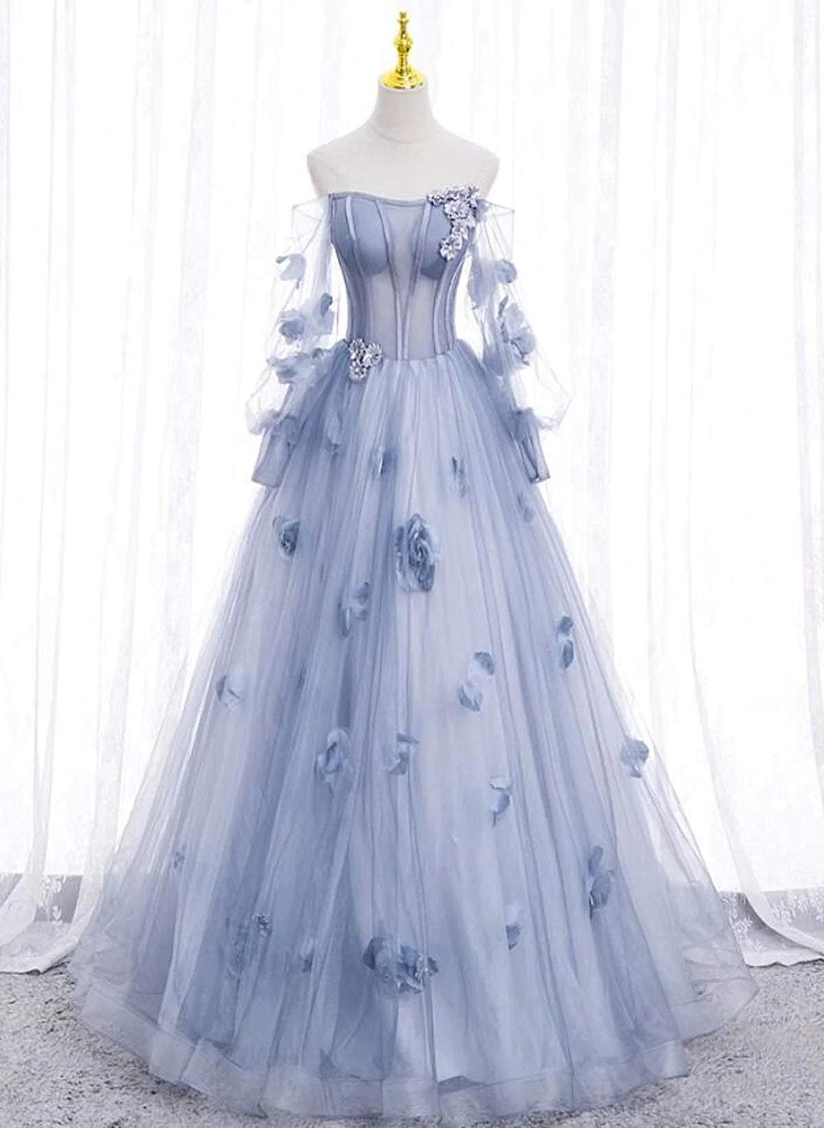Lovely Light Blue Tulle Long Sleeves Sweet 16 Dress Outfits For Girls, Light Blue Flowers Formal Dress.