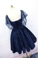 Lovely Navy Blue Lace Short Off Shoulder Prom Dress Outfits For Girls, Navy Blue Lace Homecoming Dresses
