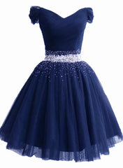 Lovely Off Shoulder Navy Blue Beaded Homecoming Dress Outfits For Girls, Short Prom Dress