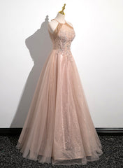 Lovely Pearl Pink Halter Tulle with Lace Applique Party Dress Outfits For Girls, A-line Tulle Long Prom Dress