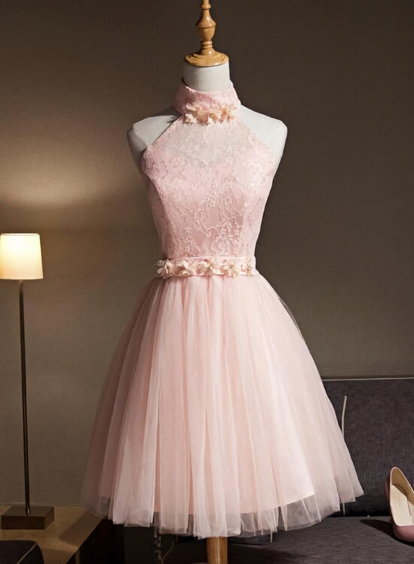 Lovely Pink Halter Tulle Flowers Short Prom Dress Outfits For Women Homecoming Dress Outfits For Girls, Pink Graduation Dresses For Black girls Party Dresses