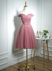 Lovely Pink Off Shoulder Knee Length Party Dress Outfits For Girls, Pink Prom Dress