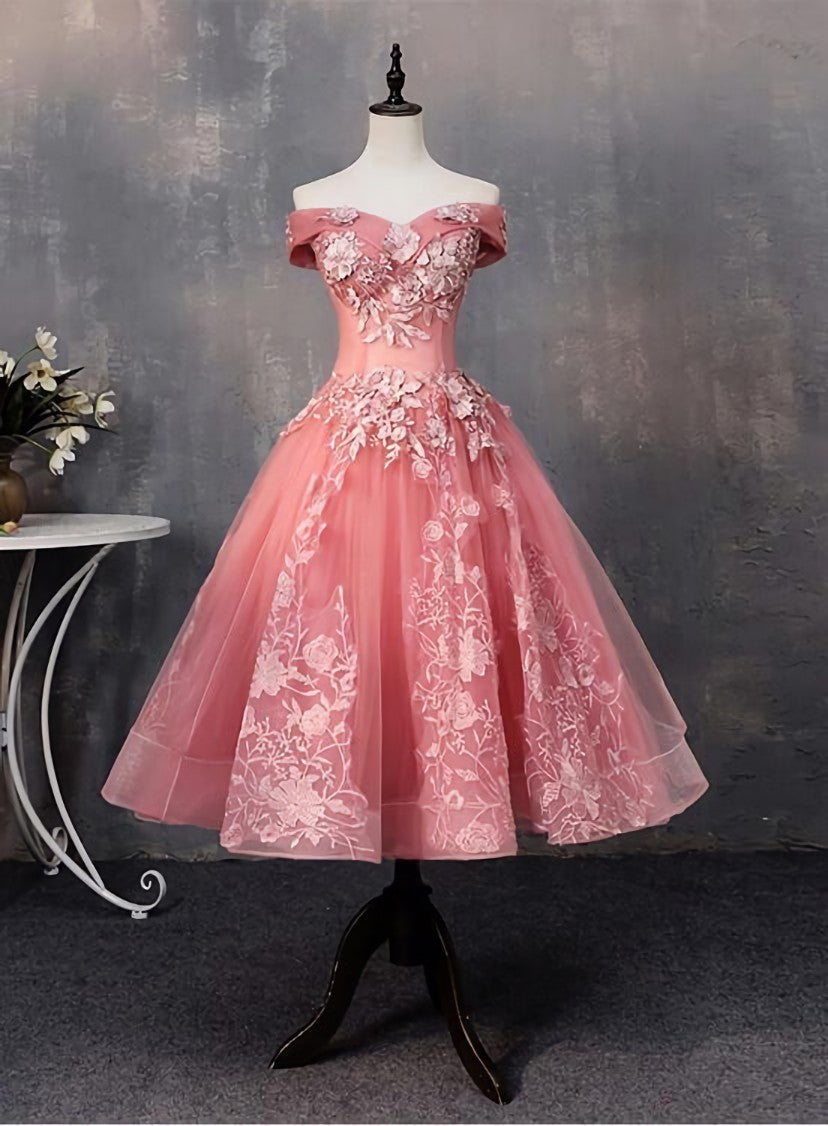 Lovely Pink Off Shoulder Party Dress Outfits For Girls, Lace Applique Prom Dress