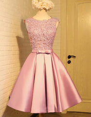 Lovely Pink Satin and Lace Homecoming Dress Outfits For Girls, Lovely Formal Dress