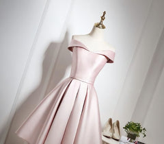 Lovely Pink Satin Off Shoulder Knee Length Formal Dress Outfits For Girls, Homecoming Dress
