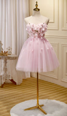 Lovely Pink Tulle with Flowers Short Party Dress Outfits For Girls, Pink Tulle Homecoming Dresses