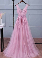 Lovely Pink V-neckline Long Party Dress Outfits For Women ,Tulle Bridesmaid Dress