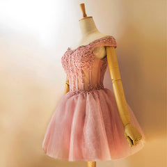 Lovely Tulle Light Pink-Purple Mini Party Dress Outfits For Girls, Lovely Off Shoulder Lace-up Homecoming Dress
