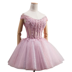 Lovely Tulle Light Pink-Purple Mini Party Dress Outfits For Girls, Lovely Off Shoulder Lace-up Homecoming Dress