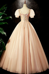 Lovely Tulle Sequins Long Prom Dress Outfits For Girls, A-Line Short Sleeve Evening Party dress