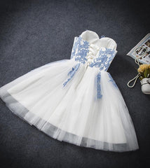 Lovely White Tulle Party Dress Outfits For Women with Blue Applique, Homecoming Dress