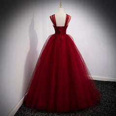 Lovely Wine Red Princess Tulle Beaded Long Party Dress Outfits For Girls, Dark Red Formal Gown