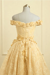 Lovely Yellow Off Shoulder Lace High Low Party Dress Outfits For Girls, Yellow Formal Dress
